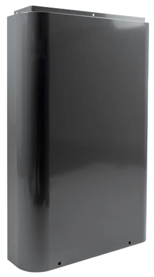 Linksseitige Verkleidung in Schwarz für ein Wolf-Gerät, mit glatter Oberfläche und fixierbaren Löchern an der Unterseite zur Montage.